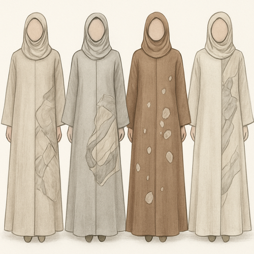 Create a modest two-piece linen abaya, the first of its kind, featuring a unique stone design that exudes a classy and sophisticated vibe. I’d like four designs, each showcasing different styles and fabrics. Incorporate high-end, unique chic stone designs to make them truly special. Add little sophisticated stone designs.