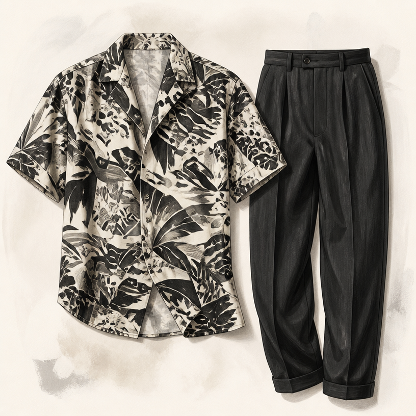 A Male Top design, suitable for Summer. Camicia e pantaloni. Italy fashion aesthetics.
using the attached image as a visual reference and sketch, create this: photorealistic fashion design, A Male Top design, suitable for Summer. Camicia e pantaloni. Italy fashion aesthetics., just the design no text
