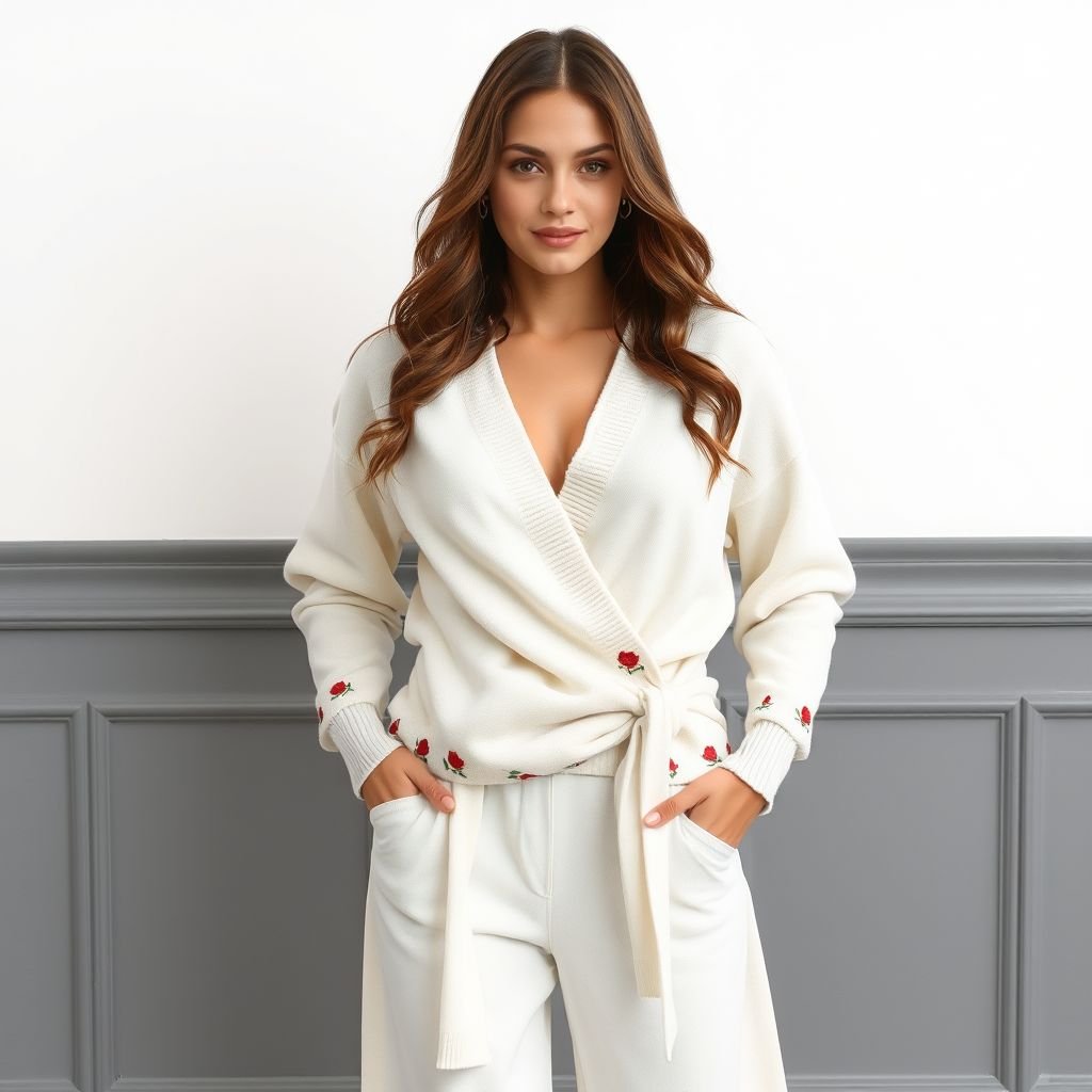 Women’s Wrap style sweater with Marino wool, waist length, pure white with tiny sweet tiny red roses embroidered both borders of wrap.
Design a relaxed women’s wrap sweater, crafted from luxurious Marino wool, featuring a flattering waist-length cut. The pure white fabric serves as a canvas for delicate, whimsical red roses embroidered along each border, adding a subtle yet charming touch. Perfect for effortless layering, this piece embodies casual elegance for everyday wear.