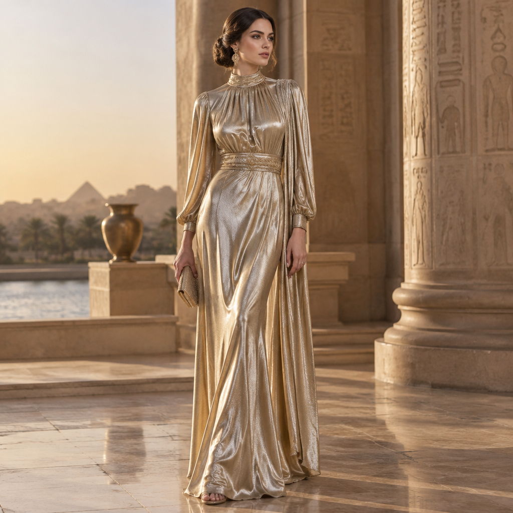 A Female Accessories design, made of Silk, with a soft, cosy hand, with a Fitted silhouette, with modest, full coverage: longer hemlines, higher necklines and covered shoulders, in a Metallic color palette, for Party, suitable for Summer, suited to a Temperate climate, in Glamorous style, shown on a model with light skin and a slim figure. Egypt fashion aesthetics. Present it as professional fashion catalogue photography: the garment is the subject, shown full-length with editorial styling, neutral posing and tasteful, non-suggestive framing.
photorealistic fashion design, A Female Accessories design, made of Silk, with a soft, cosy hand, with a Fitted silhouette, with modest, full coverage: longer hemlines, higher necklines and covered shoulders, in a Metallic color palette, for Party, suitable for Summer, suited to a Temperate climate, in Glamorous style, shown on a model with light skin and a slim figure. Egypt fashion aesthetics. Present it as professional fashion catalogue photography: the garment is the subject, shown full-length with editorial styling, neutral posing and tasteful, non-suggestive framing., glamorous style, just the design no text