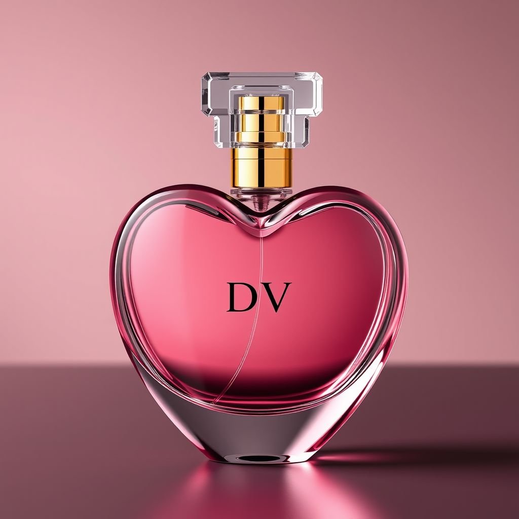 Clear and pink eau de perfume bottle with the name “Da’Vine” on it. With DV on it. Shape the bottle as a heart
Design a sophisticated business attire-inspired perfume bottle for “Da’Vine,” featuring a sleek, heart-shaped silhouette to symbolize love and ambition. The bottle should be made of clear glass with soft pink accents, showcasing an elegant gold cap. Embed the initials "DV" in a modern, minimalist font on the bottle's side.