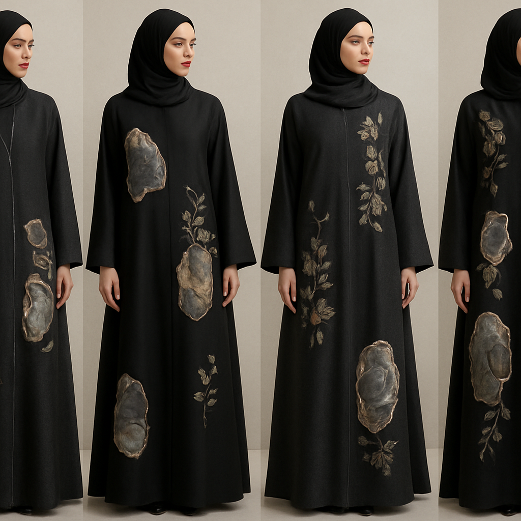 Create a modest chic abaya, the first of its kind, featuring a unique stone design that exudes a classy and sophisticated vibe. I'd like four designs, each showcasing different styles and fabrics. Incorporate high-end, unique chic stone designs to make them truly special. Add little sophisticated stone designsa and some touch of elite flower design.

Create a modest chic abaya, the first of its kind, featuring a unique stone design that exudes a classy and sophisticated vibe. I'd like four designs, each showcasing different styles and fabrics. Incorporate high-end, unique chic stone designs to make them truly special. Add little sophisticated stone designsa and some touch of elite flower design.
