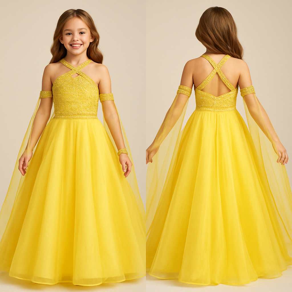 Preteen pageant girl yellow dress that has an Aline mixed with ball gown look. The bodice has yellow rhinestone beading with a sweetheart neckline that has straps that criss cross on the front and back to make it look like a halter. The waistline is a slanted to the side at an angle with a thick waistline band with full yellow rhinestone beading ) The skirt of the dress is organza and hits the floor.
The dress has arm cuffs on the upper arm with yellow rhinestone beading. Then the cape attaches at the back zipper of the dress and drapes in a “w” shape where it attached on the back of the arm cuffs. The cape is organza fabric and hits down to the floor past the dress. The back should have a full cape and you should be able to see the dress through the cape fabric in the back.
The back of the dress straps are Criss cross as well with full yellow rhinestones beading.
Preteen pageant girl yellow dress that has an Aline mixed with ball gown look. The bodice has yellow rhinestone beading with a sweetheart neckline that has straps that criss cross on the front and back to make it look like a halter. The waistline is a slanted to the side at an angle with a thick waistline band with full yellow rhinestone beading ) The skirt of the dress is organza and hits the floor.
The dress has arm cuffs on the upper arm with yellow rhinestone beading. Then the cape attaches at the back zipper of the dress and drapes in a “w” shape where it attached on the back of the arm cuffs. The cape is organza fabric and hits down to the floor past the dress. The back should have a full cape and you should be able to see the dress through the cape fabric in the back.
The back of the dress straps are Criss cross as well with full yellow rhinestones beading. , show front and back
