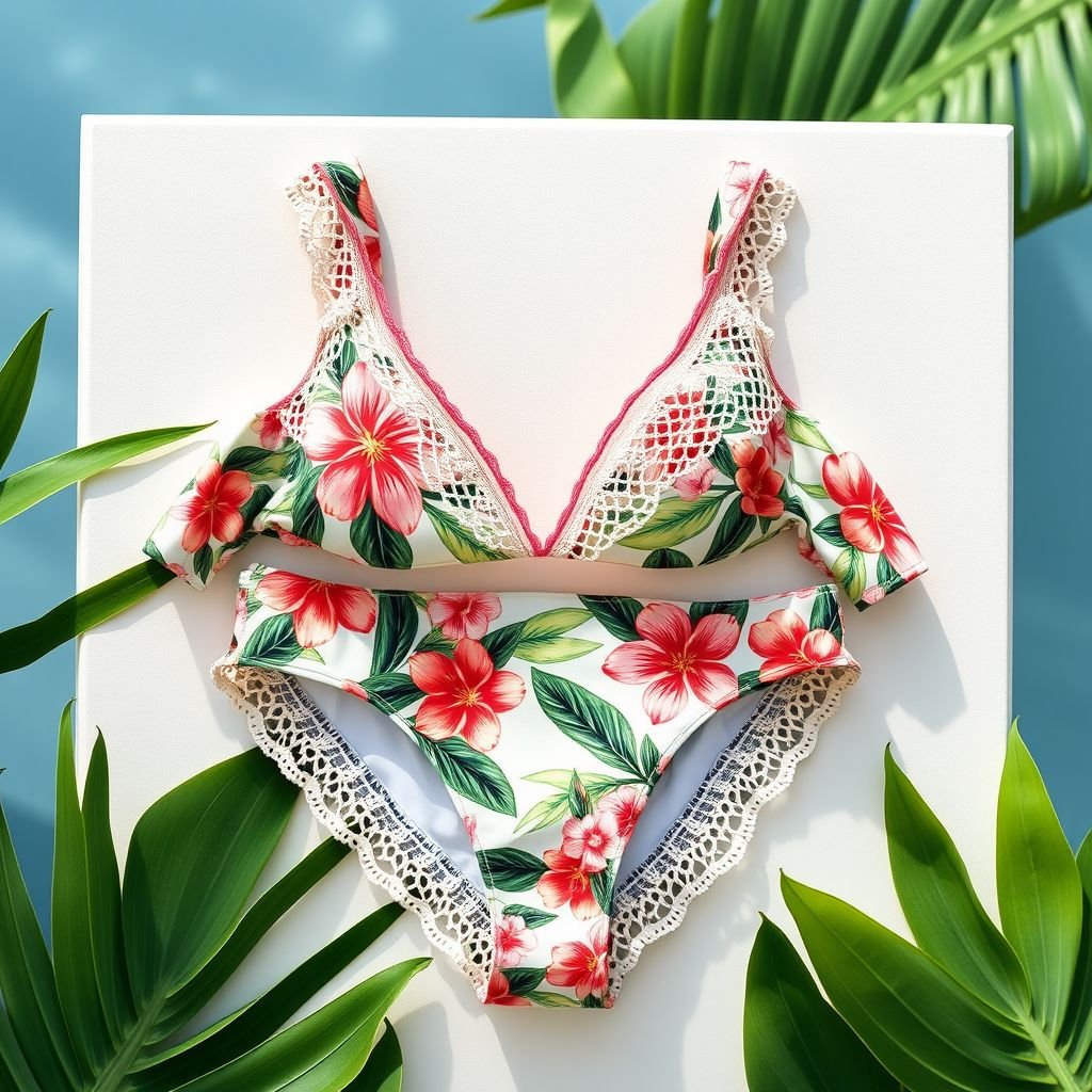 בגד ים ביקיני בסגנון של צימרמן
Design a vibrant bikini inspired by Zimmerman’s signature style, featuring tropical prints of lush flora and delicate seashell motifs. Incorporate flowing, lightweight materials that catch the summer breeze, adorned with intricate crochet details. Opt for soft pastel hues, bringing a playful yet sophisticated vibe perfect for sun-soaked beach days and relaxed poolside lounging.