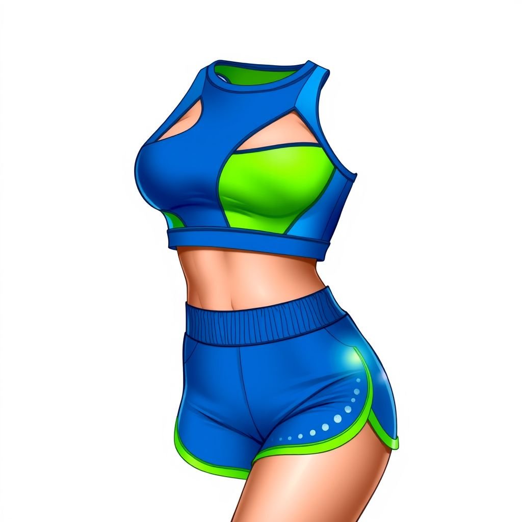 Short set sportwear, unique and sexy
Unleash your inner athlete with a short set sportswear ensemble featuring a sleek, form-fitting crop top with geometric cutouts and high-waisted shorts adorned with iridescent accents. The dynamic color palette blends electric blues and neon greens, while moisture-wicking fabric ensures both style and comfort, making it perfect for both workouts and casual outings.