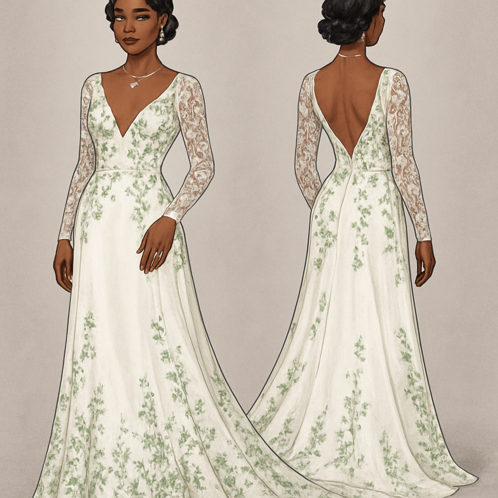 Black girl
Finger waves with small flowers in hair
Wedding dress
V cut at breast
Long dress
Long train
Lace sleeves
Green flower designs
Diamond ring on finger
Diamond heart necklace
Green eyeshadow
Clear lipgloss
Diamond earrings
Diamond bracelet
White heels with green pearls
French tip nails with pearls
Black girl
Finger waves with small flowers in hair
Wedding dress
V cut at breast
Long dress
Long train
Lace sleeves
Green flower designs
Diamond ring on finger
Diamond heart necklace
Green eyeshadow
Clear lipgloss
Diamond earrings
Diamond bracelet
White heels with green pearls
French tip nails with pearls
, streetwear style, show front and back