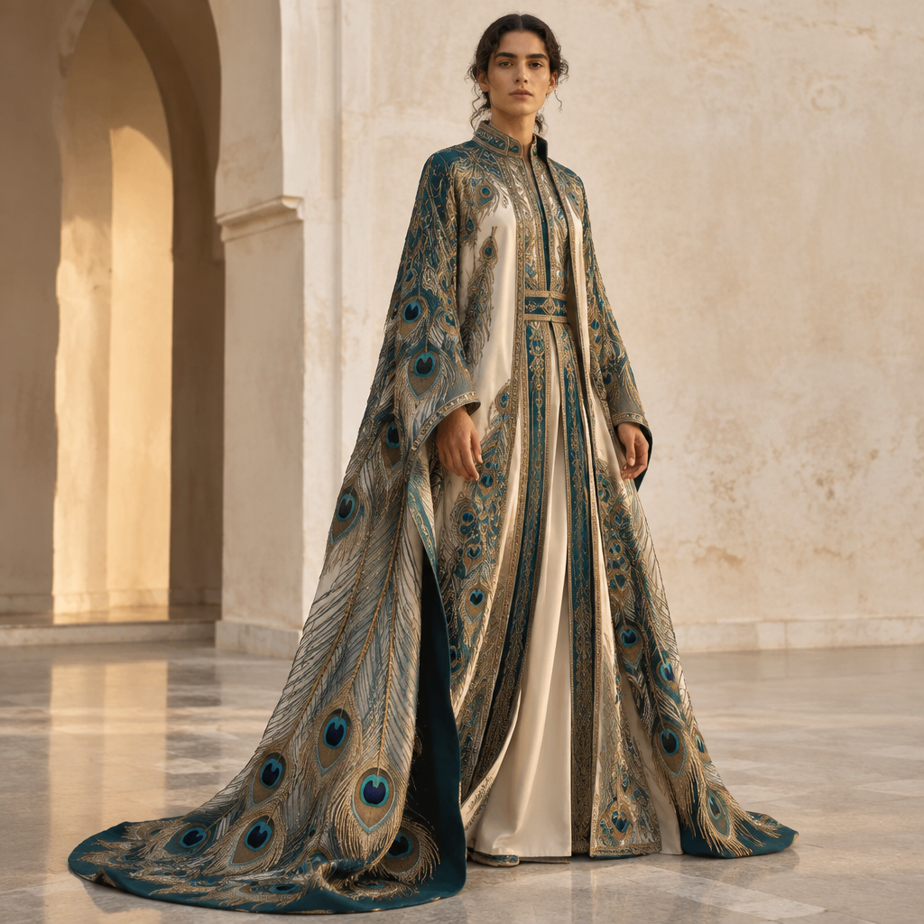 A Unisex Dress design, suitable for Fall, in Classic style. يشبه لطاوس. Tunisia fashion aesthetics. Present it as professional fashion catalogue photography: the garment is the subject, shown full-length with editorial styling, neutral posing and tasteful, non-suggestive framing.
photorealistic fashion design, A Unisex Dress design, suitable for Fall, in Classic style. يشبه لطاوس. Tunisia fashion aesthetics. Present it as professional fashion catalogue photography: the garment is the subject, shown full-length with editorial styling, neutral posing and tasteful, non-suggestive framing., classic style, just the design no text