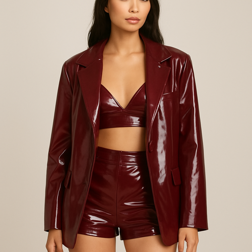 Deep burgundy vinyl short shorts
Matching oversized blazer
Make shorts sit lower on waist
Make blazer longer
Change material to pvc
Open blazer
Add matching bralet
Make shorts lower on waist