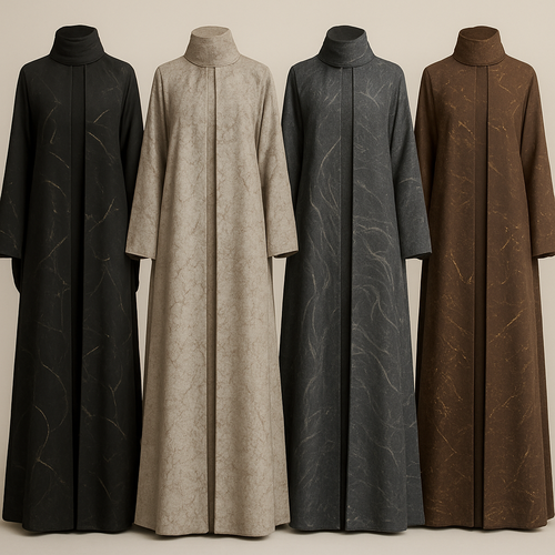 Create a modest two-piece abaya, the first of its kind, featuring a unique stone design that exudes a classy and sophisticated vibe. I'd like four designs, each showcasing different styles and fabrics. Incorporate high-end, unique chic stone designs to make them truly special. Add little sophisticated stone designs.
