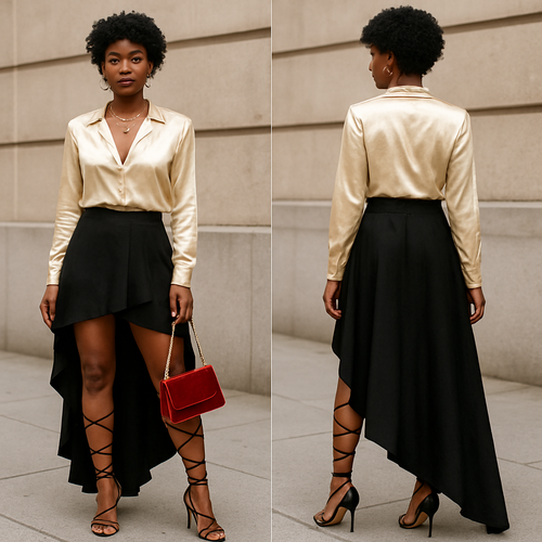 Black woman 
Short curls 
Silk blouse 
Skirt short in the front and long in the back 
String thigh heels 
Gold jewelry
Red velvet purse 
