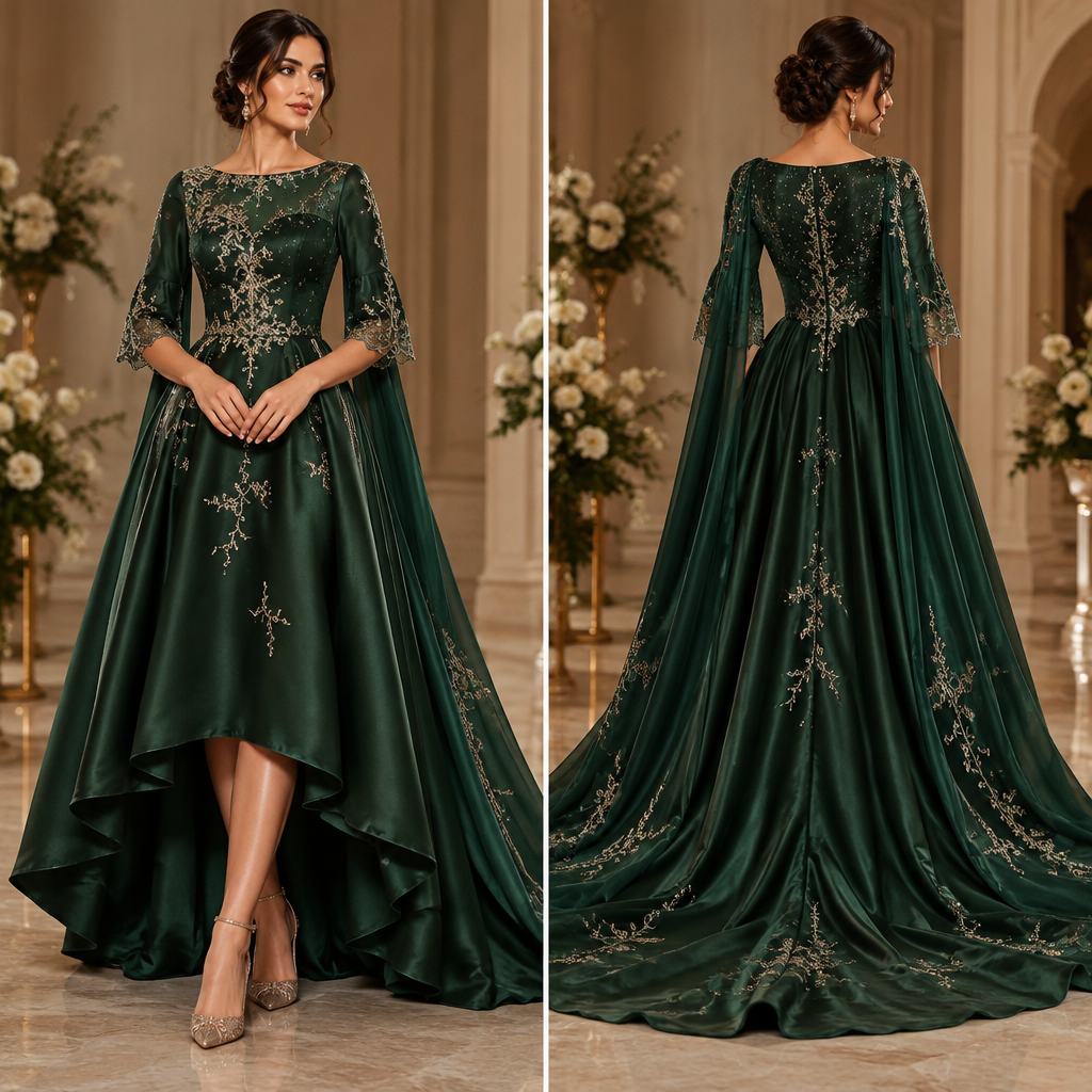 A Female Dress design, suitable for Fall. صمّم لي فستان سهرة فاخر وأنيق مناسب للأعراس والمناسبات.
لون الفستان أخضر غامق وفخم. يكون طول الفستان من الأمام تحت الركبة بقليل، أما من الخلف فيكون أطول بكثير مع فولارة طويلة وناعمة تنسدل خلف الفستان بطريقة أنيقة وفخمة.
الأكمام تكون إلى منتصف اليد، بتصميم مميز ومخربش قليلًا عند الأطراف، مع شكل أنثوي وأنيق وليس مبالغًا فيه.
اجعل تصميم الصدر راقيًا ومميزًا، مع خصر محدد بشكل جميل، وقصة تناسب فستان السهرة الفخم.
أضف تطريزًا راقيًا من الأحجار اللامعة بلون ذهبي أو فضي، يكون موزعًا بشكل ناعم على منطقة الصدر والخصر وبعض أجزاء الفستان، مع تفاصيل بسيطة على الفولارة حتى يبقى التصميم أنيقًا وغير مزدحم.
استخدم خامة فاخرة مناسبة للسهرة، مع إظهار لمعان وانسيابية القماش بوضوح.
اعرض الفستان كاملًا على مانيكان/عارضة أزياء واقفة، من الأمام والخلف، حتى أستطيع رؤية تفاصيل التصميم كاملة.. Design with modest coverage. Present it as professional fashion catalogue photography: the garment is the subject, shown full-length with editorial styling, neutral posing and tasteful, non-suggestive framing.
photorealistic fashion design, A Female Dress design, suitable for Fall. صمّم لي فستان سهرة فاخر وأنيق مناسب للأعراس والمناسبات.
لون الفستان أخضر غامق وفخم. يكون طول الفستان من الأمام تحت الركبة بقليل، أما من الخلف فيكون أطول بكثير مع فولارة طويلة وناعمة تنسدل خلف الفستان بطريقة أنيقة وفخمة.
الأكمام تكون إلى منتصف اليد، بتصميم مميز ومخربش قليلًا عند الأطراف، مع شكل أنثوي وأنيق وليس مبالغًا فيه.
اجعل تصميم الصدر راقيًا ومميزًا، مع خصر محدد بشكل جميل، وقصة تناسب فستان السهرة الفخم.
أضف تطريزًا راقيًا من الأحجار اللامعة بلون ذهبي أو فضي، يكون موزعًا بشكل ناعم على منطقة الصدر والخصر وبعض أجزاء الفستان، مع تفاصيل بسيطة على الفولارة حتى يبقى التصميم أنيقًا وغير مزدحم.
استخدم خامة فاخرة مناسبة للسهرة، مع إظهار لمعان وانسيابية القماش بوضوح.
اعرض الفستان كاملًا على مانيكان/عارضة أزياء واقفة، من الأمام والخلف، حتى أستطيع رؤية تفاصيل التصميم كاملة.. Design with modest coverage. Present it as professional fashion catalogue photography: the garment is the subject, shown full-length with editorial styling, neutral posing and tasteful, non-suggestive framing., just the design no text