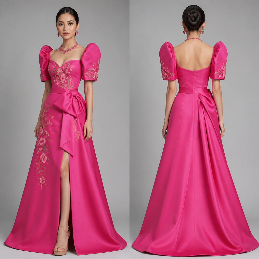 Modern Filipina design dress in hot pink with accessories
photorealistic fashion design, Modern Filipina design dress in hot pink with accessories
, just the design no text, show front and back