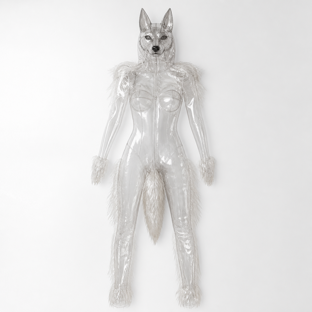 photorealistic fashion design, make a translucent clear German shepherd fursuit with a German shepherd fursuit headpiece made of the same material Present it as professional fashion catalogue photography: the garment is the subject, shown full-length with editorial styling, neutral posing and tasteful, non-suggestive framing., just the design no text. Refinement: make it for women and more form fitting
photorealistic fashion design, photorealistic fashion design, make a translucent clear German shepherd fursuit with a German shepherd fursuit headpiece made of the same material Present it as professional fashion catalogue photography: the garment is the subject, shown full-length with editorial styling, neutral posing and tasteful, non-suggestive framing., just the design no text. Refinement: make it for women and more form fitting , just the design no text