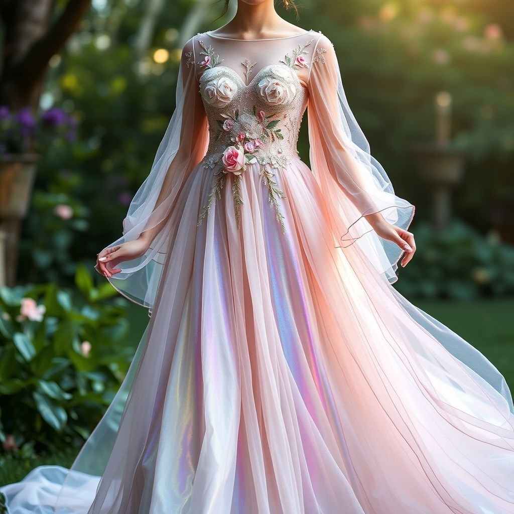 I want to get you a picture of a dress and you make it look realistic
Imagine a floor-length, ethereal gown crafted from cascading layers of iridescent chiffon. The bodice is adorned with intricate, hand-embroidered flowers, shimmering with sequins. Long, sheer sleeves billow elegantly, while a delicate, wispy train trails behind. The dress embodies a fairytale enchantment, perfect for a whimsical garden soirée under twinkling stars.
