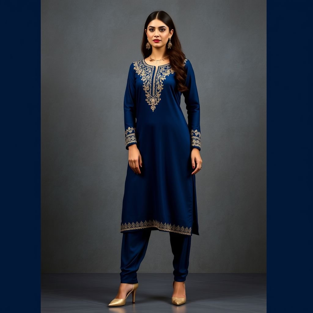 Shalwar kameez
Design an elegant shalwar kameez set, crafted from rich silk in deep midnight blue. The kameez features intricate gold embroidery along the neckline and sleeves, exuding sophistication. Complemented by tailored, tapered shalwar pants, this formal ensemble is perfect for upscale events. Accessorize with statement gold jewelry and embellished heels for a stunning look.