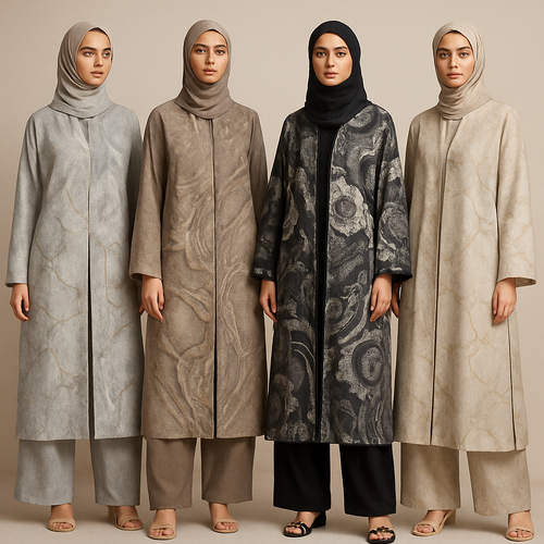 Create a modest abaya and loose pant, first of its kind, featuring a unique stone design that exudes a classy and sophisticated vibe. I'd like four designs, each showcasing different styles and fabrics. Incorporate high-end, unique chic stone designs to make them truly special. Add little sophisticated stone designs. Make it irresistible!