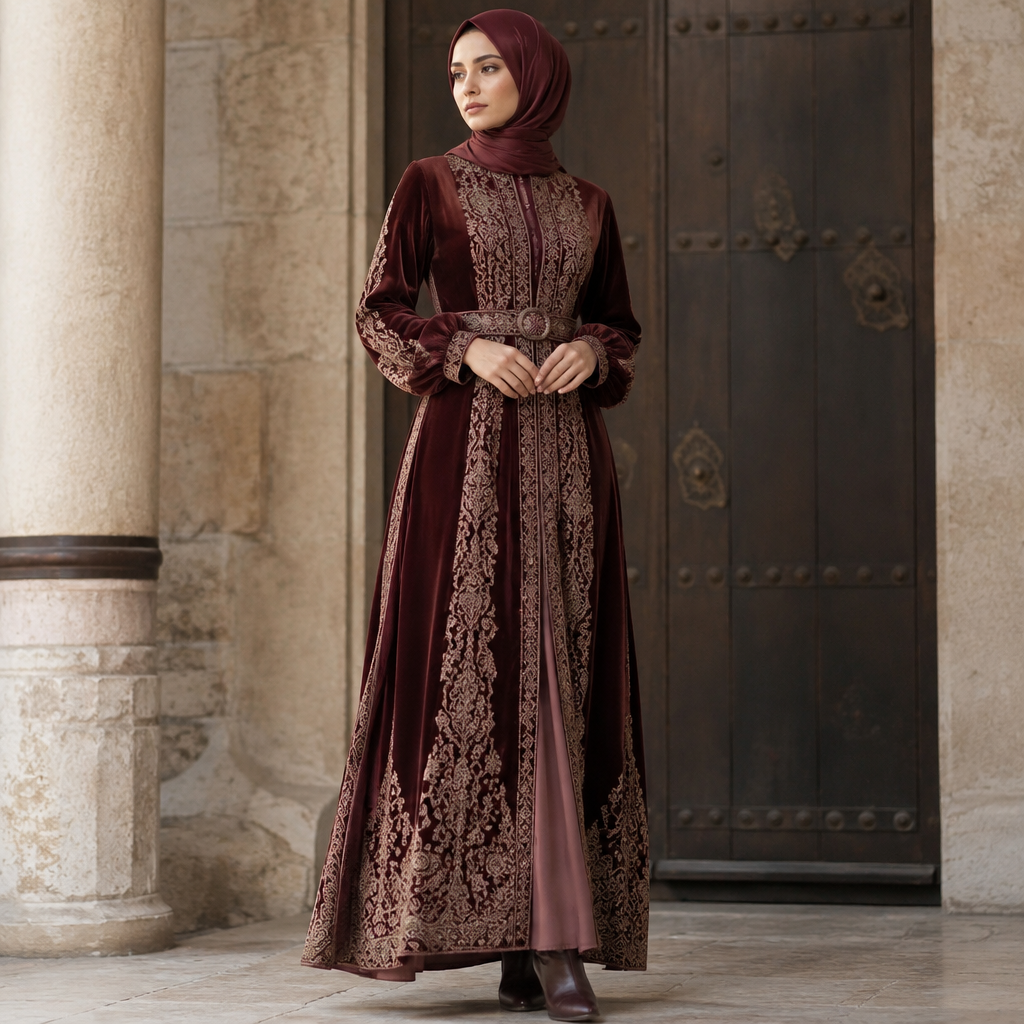 A Female Dress design, suitable for Fall. Consider Turkish fashion — Ottoman-inspired, modest fashion hub, rich textiles, East-meets-West aesthetics. Current season is Autumn in Turkey. Present it as professional fashion catalogue photography: the garment is the subject, shown full-length with editorial styling, neutral posing and tasteful, non-suggestive framing.
photorealistic fashion design, A Female Dress design, suitable for Fall. Consider Turkish fashion — Ottoman-inspired, modest fashion hub, rich textiles, East-meets-West aesthetics. Current season is Autumn in Turkey. Present it as professional fashion catalogue photography: the garment is the subject, shown full-length with editorial styling, neutral posing and tasteful, non-suggestive framing., just the design no text