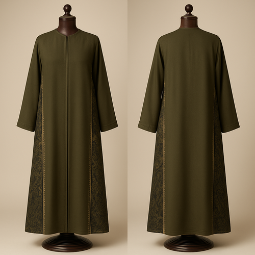 
(photorealistic)
"Photorealistic full-length fashion photograph of an ankle-length olive-green abaya displayed on a luxurious dark polished wooden mannequin. The abaya features long side slits from underarm to ankle with an external Kashmiri patterned panel attached to the outer edge of each slit; the Kashmiri panel is jacquard/textured paisley in complementary deep-dark olive and black tones. A narrow Najdi geometric embroidery (2–2.5 cm wide) in matte antique-gold thread runs along the outer edge of each panel, with small repeating motifs spaced every 10–15 cm — embroidery visible down to the ankle. Silhouette: straight A-line, soft drape, lightweight wool-blend, lightly lined. Styling: clean neutral studio background, soft directional warm light, full-length view showing panels to the ankle, high-detail texture and fabric realism. Camera: 35mm perspective, shallow depth of field (f/4), high-resolution output (4k)."

"Olive-green ankle abaya with long side slits from underarm to ankle revealing external Kashmiri jacquard panels; narrow Najdi geometric embroidery in matte gold along panel edges; displayed on a luxurious dark wooden mannequin; photorealistic, studio lighting, full-length, high detail."

tech pack /
"Olive (deep olive) straight ankle-length abaya. Side slits from underarm to ankle with external Kashmiri panel sewn on outer edge. Panel width: 18–25 cm at underarm, tapering slightly to ankle. Najdi embroidery: 0.6–1 cm band along outer panel edge, motifs every 10–15 cm. Fabric: lightweight wool-blend or crepe for body; Kashmiri jacquard panel. Lining: lightweight viscose. Finish: matte antique-gold thread, reinforced hem at ankle, hidden top hook above slit."
