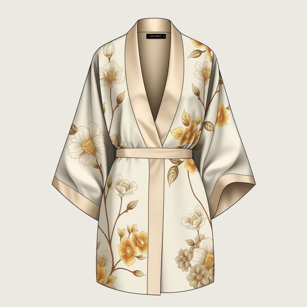 Long simple kimono with long sleeves but not in style of abaya
Design a sophisticated formal kimono, exquisitely tailored with luxurious silk fabric. Incorporate an elegant deep V-neckline and subtly structured long sleeves that gracefully flow. Adorned with intricate, hand-painted floral motifs in muted gold and silver hues, this ensemble conveys both refinement and contemporary poise, perfect for high-profile evening events.
