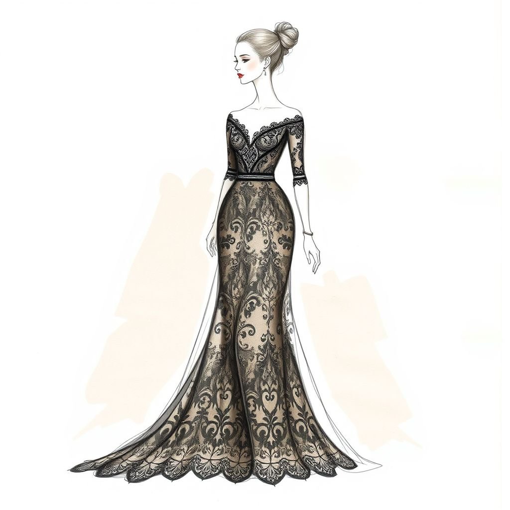 Female fashion sketch full body with long neck an long west unique pose
Create a full-body fashion sketch for a female model characterized by a graceful long neck and an elongated waist. Envision her in a classic gown with intricate lace detailing, cinched at the waist, highlighting timeless elegance. Incorporate rich fabrics like silk and brocade, paired with vintage accessories for a refined look.