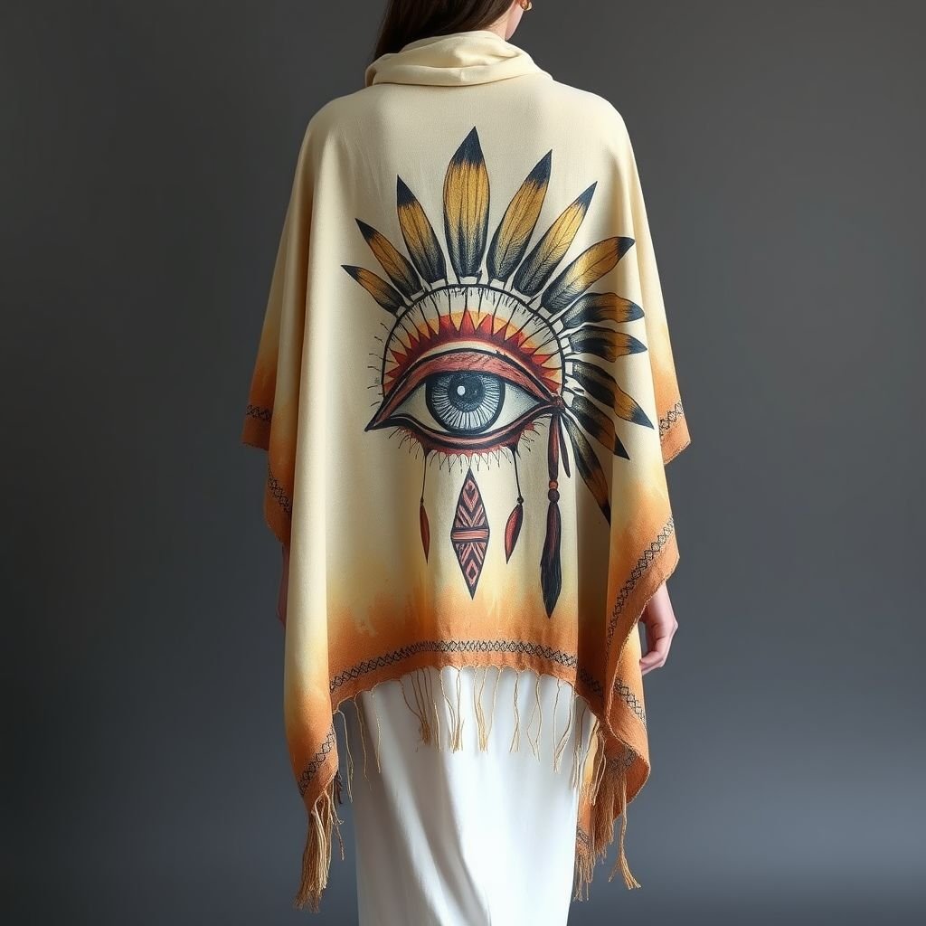 boho minimal poncho handpainted of eye and American indian man
Design an ethereal boho-minimal poncho, harmoniously blending rustic charm and contemporary elegance. Crafted from soft, organic cotton, it features hand-painted imagery of an all-seeing eye intertwined with a dignified American Indian man. Earthy tones and flowing silhouettes create a serene silhouette, perfect for layering over a simple white ensemble.
