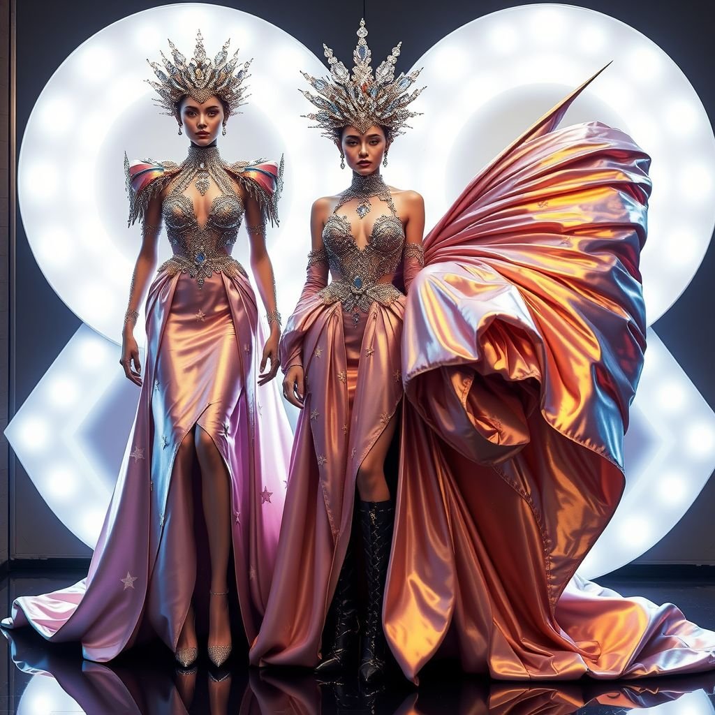 Met gala style
Create an opulent Met Gala outfit that exudes glamour. Picture a cascading gown made of iridescent silk, embodying a celestial theme with star motifs. The bodice features intricate beading, while oversized, asymmetrical sleeves add drama. Complete the look with a striking headpiece of interwoven crystals and stiletto boots, merging elegance with avant-garde flair.