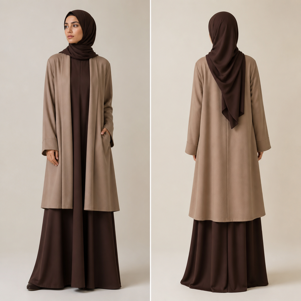 photorealistic fashion design, ik abaya ho brown color ma full long
Sath coat ho ghotno tak light brown ma. Design with modest coverage., just the design no text, show front and back. Refinement: coat ka fabric Thora soft kero
photorealistic fashion design, photorealistic fashion design, ik abaya ho brown color ma full long
Sath coat ho ghotno tak light brown ma. Design with modest coverage., just the design no text, show front and back. Refinement: coat ka fabric Thora soft kero, just the design no text