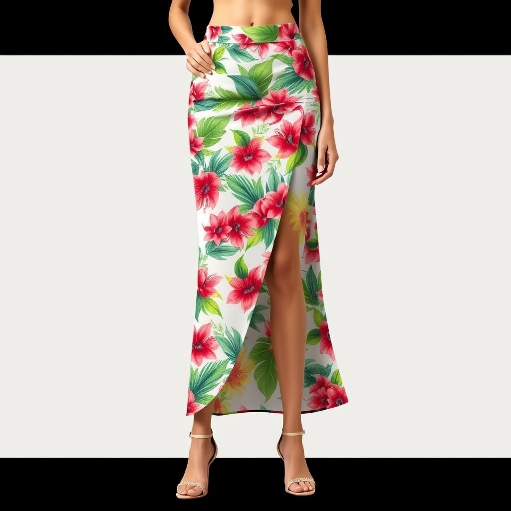Skirt - summer chic inspired by Joseph . Classic silhouette. Like pencil - that flatter to body. Loose but not to much. A bit close to the body and make him longer. Light fabric pls
Design a resort-inspired summer skirt that embodies effortless chic, featuring a tailored pencil silhouette that flatters the body. The skirt should strike a balance between fitted and flowy, cascading elegantly to a longer length. Crafted from lightweight, breathable fabric, it showcases vibrant tropical prints, perfect for sunny seaside escapes.