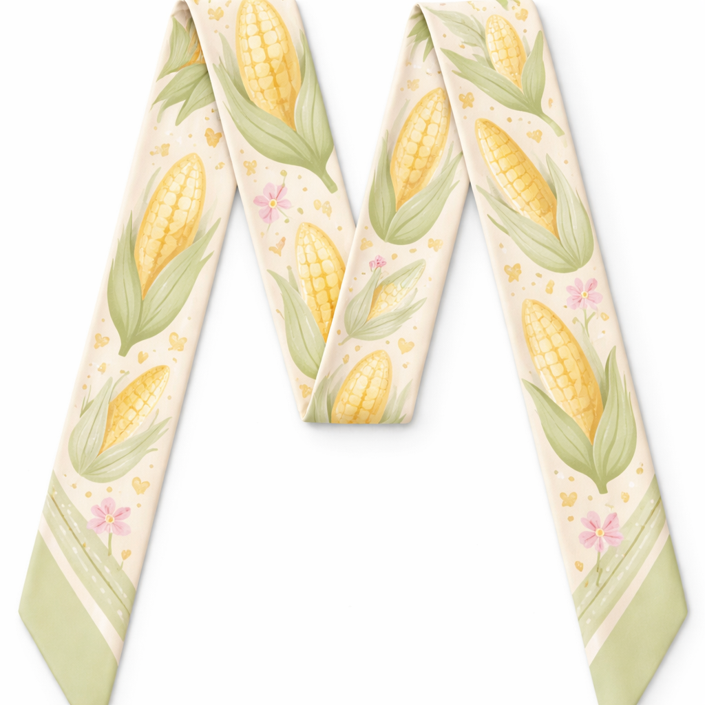 Design a silk scarf that is 5 x 86 cm with oblique edges. It will be wrapped around a handle of a handbag. It’s for the state of Iowa. Make it corn but way more simple. No words or logos. Make it a touch feminine and sorority like
Design a silk scarf that is 5 x 86 cm with oblique edges. It will be wrapped around a handle of a handbag. It’s for the state of Iowa. Make it corn but way more simple. No words or logos. Make it a touch feminine and sorority like, classic style, show front and back