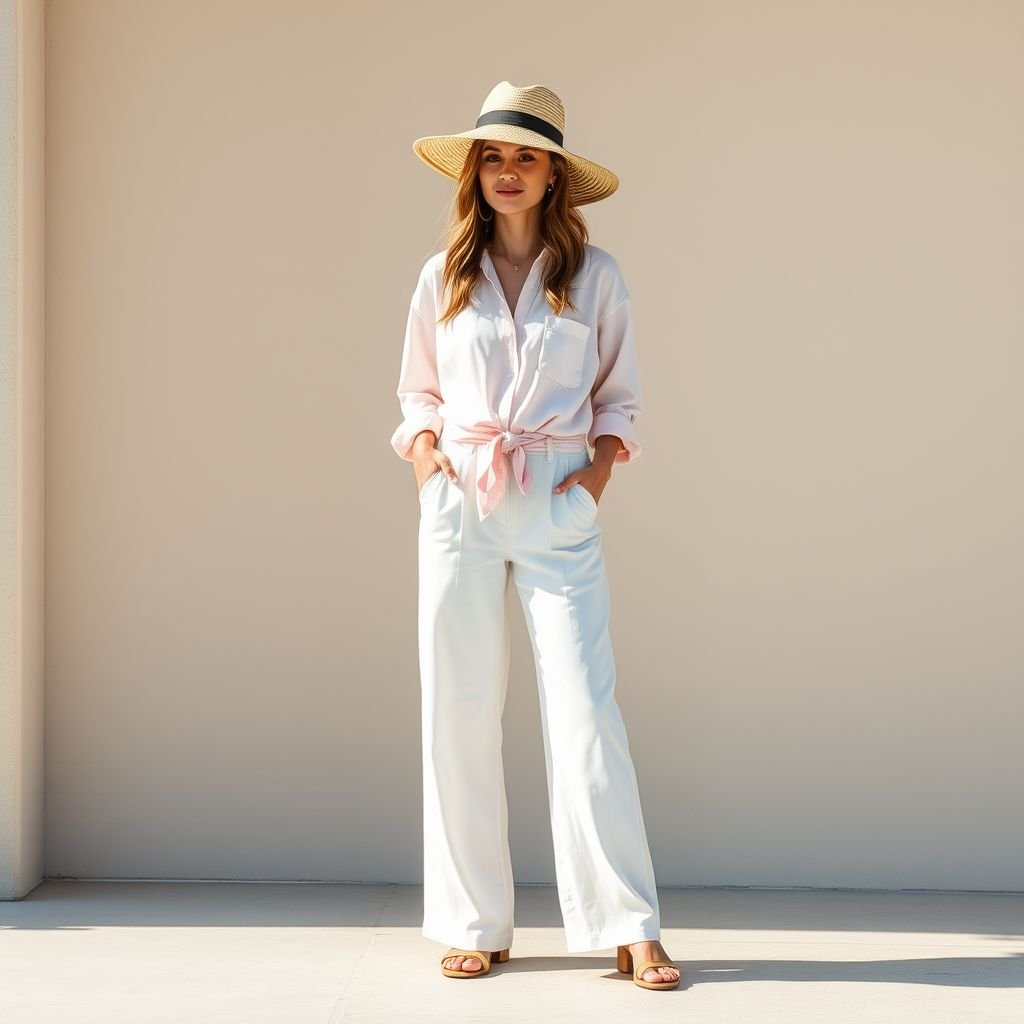 Cotton Resort pants clean shiv and shirt and wear style channel chic comfy
Design a chic resort wear ensemble featuring airy cotton wide-legged trousers in a clean, crisp white, paired with a lightweight, oversized shirt in pastel hues. Embrace a channel-inspired aesthetic with relaxed silhouettes, featuring rolled sleeves and a subtle tie at the waist. Accessorize with straw hats and sleek sandals for ultimate comfort.