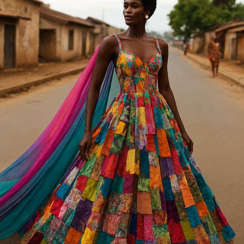 I want to Create one of kind colorful gown made from scrap fabric with iridescent touches and design with a colorful two tone chiffon for high end fashionista that will give it a sophisticated and gorgeous look on a real human dark skin modeling it on the roadside of a street in Africa.