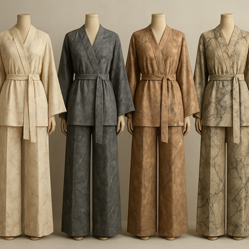 Create a modest two piece loose pant and kimono , first of its kind, featuring a unique stone design that exudes a classy and sophisticated vibe. I'd like four designs, each showcasing different styles and fabrics. Incorporate high-end, unique chic stone designs to make them truly special. Add little sophisticated stone designs. Make it irresistible!