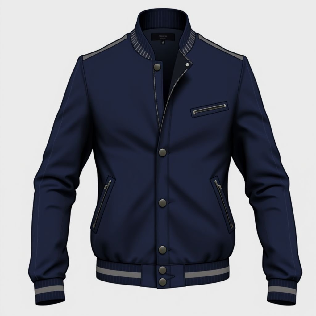 Baseball jacket
Design a tailored baseball jacket that merges classic sporty elements with sophisticated business attire. Incorporate luxurious wool and sleek leather detailing, featuring sharp lapels, a fitted silhouette, and elegant button closures. Render it in a deep navy hue, accented with understated pinstripes for a confident, modern twist on corporate fashion.