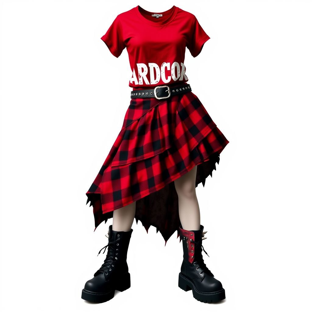 red and black plaid skirt, belt with studs, red T-shirt with the word hardcore, Martin boots
Design a rebellious punk outfit featuring a red and black plaid skirt with asymmetrical layers and jagged hems. Pair it with a black studded belt, a bold red T-shirt emblazoned with the word "HARDCORE" in distressed white lettering, and chunky black combat boots adorned with metal spikes for an edgy finish.