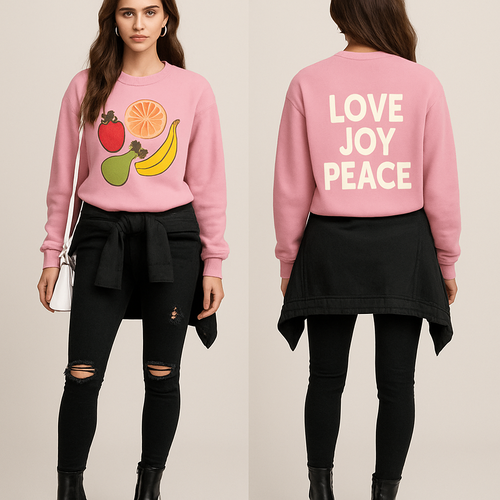 Pink sweater shirt with healthy fruit on it
On that back it says love joy peace 
Tight Black ripped jeans a jacket wrapped around the waist 
Gold jewelry 
Gold crosses on pants 
Black heel boots 
White purse 