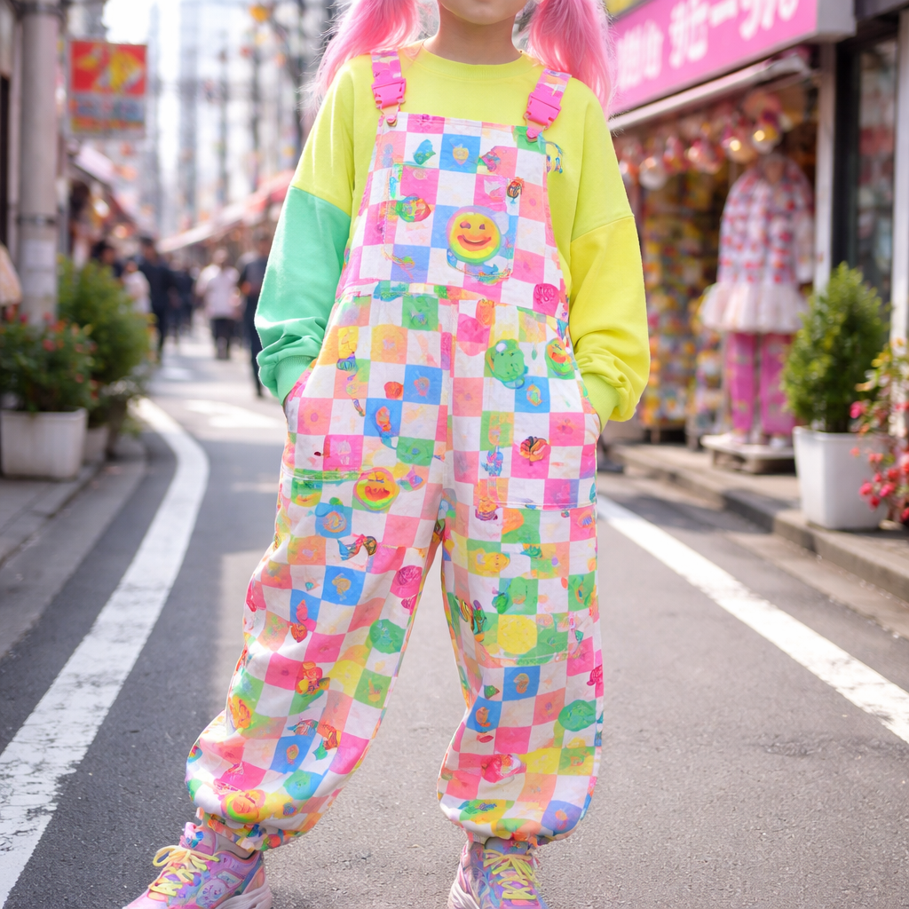 neon candy land board game themed overalls
Japanese Street fashion design: Neon cotton overalls with oversized checkerboard and candy patterns. Loose fit, layered over a bright long-sleeve tee, paired with chunky sneakers.