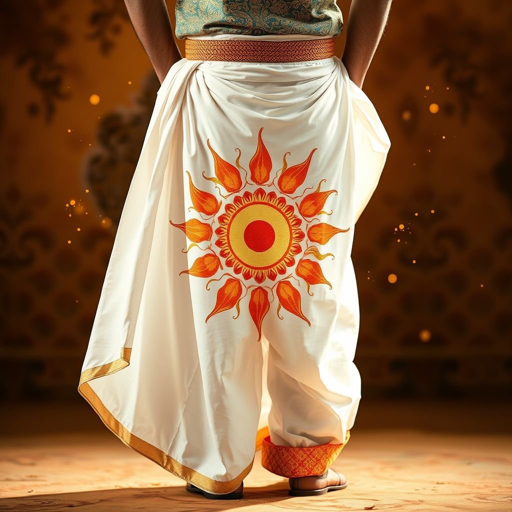 White Lungi for men with new year sun in front and back
Envision a contemporary take on the traditional white lungi for men, adorned with an intricate celestial print of a vibrant New Year sun swirling across the front and back. The fabric drapes elegantly, embodying a fusion of culture and modernity, enhanced with playful splashes of gold and orange, radiating warmth and celebration.