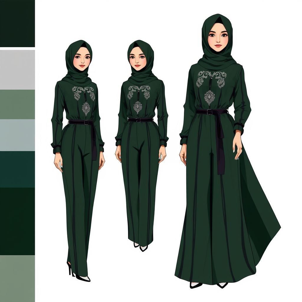 Dark green with black stripes abaya and trouser
Design an elegant abaya featuring deep dark green fabric adorned with striking vertical black stripes, lending a modern twist to traditional attire. The abaya flows gracefully, cinching at the waist with a sleek black belt, paired with tailored high-waisted trousers. Complete the look with intricate silver embroidery and matching accessories.