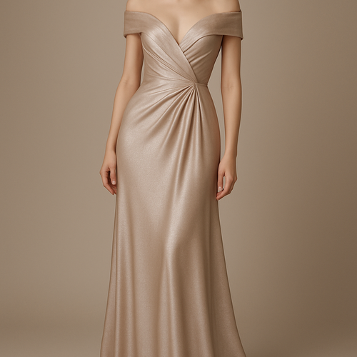 فستان سهرة راقٍ بجسم متناسق، أوف شولدر بأكمام منسدلة تغطي الزند، صدر مفتوح على شكل V خفيف بدون كورسيه، درابيه خفيف مائل على البطن (حوالي ٣ طيات) كأنه لف، طويل للأرض بقماش لاميه أو جيرسي لامع ناعم غير شفاف، واللون المقترح ذهبي شامبين أو  
وردي باهت أو فضي ناعم أو كحلي

ضروري يكون راقي مره اللي طلعت لي صورته مره عادي مو حلو 