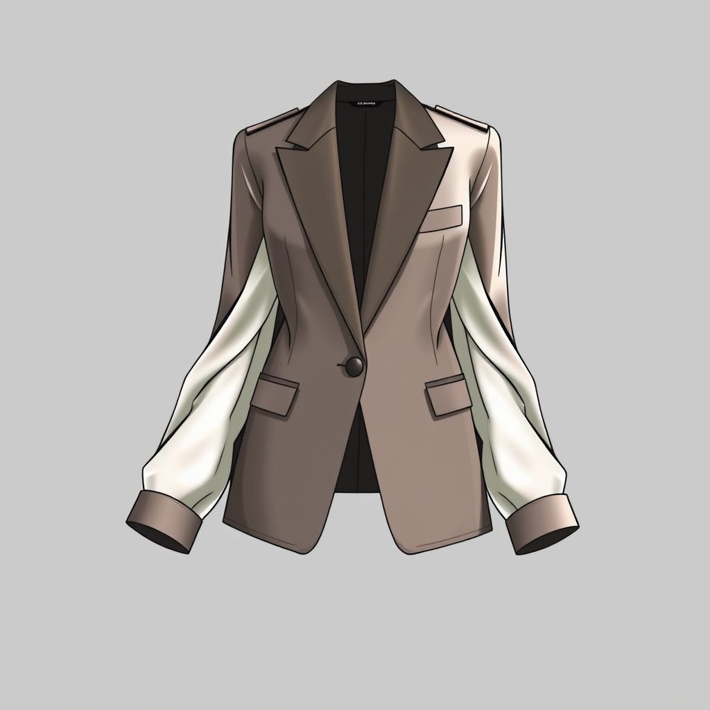 oversized casual blazer for women with open long sleeves
Design a sophisticated oversized casual blazer for women, featuring open long sleeves that gracefully drape down the arms. Incorporate tailored elements such as a sharp lapel and structured shoulder pads, all in luxurious fabrics like silk or satin. Choose a rich, deep color palette to enhance the formal elegance of this statement piece.