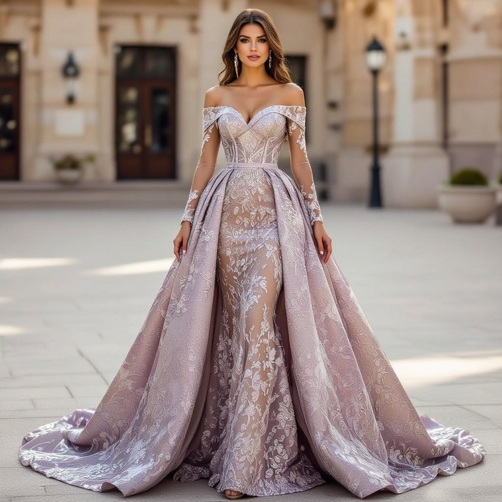 Matric ball dress design sweet heart neckline off shoulder long sleeve full length and a train no slit tight fitted and the sweet heart neckline to be lifted up more that it slightly off the shoulder
Glamorous fashion: Glamorous matric ball dress, sweetheart neckline, off-shoulder long sleeves, full length with a train. Tight-fitted, with a slightly elevated sweetheart neckline for a dramatic look.