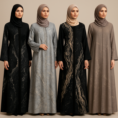 Create a modest abaya, first of its kind, featuring a unique stone design that exudes a classy and sophisticated vibe. I'd like four designs, each showcasing different styles and fabrics. Incorporate high-end, unique chic stone designs to make them truly special. Add little sophisticated stone designs. Make it irresistible for customers 