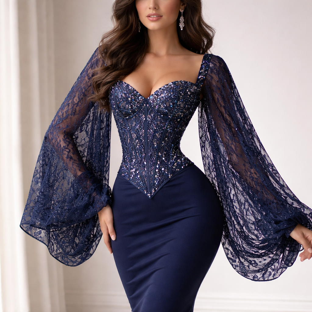 navy blue lace net long sleeve but its loose and flowy the sleeve not tight fitter and then a bedazzled navy blue corset and the bottom of the dress being fitted
navy blue lace net long sleeve but its loose and flowy the sleeve not tight fitter and then a bedazzled navy blue corset and the bottom of the dress being fitted
