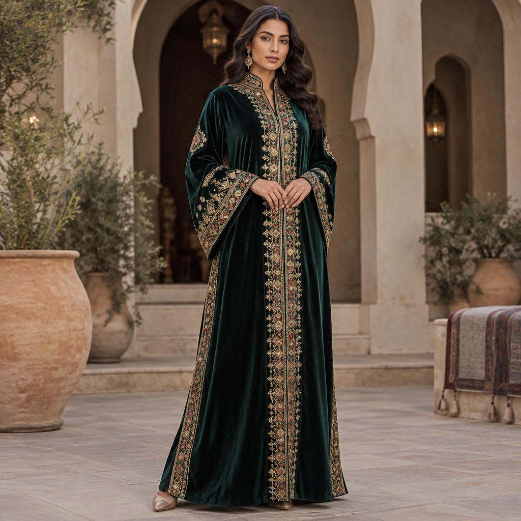 A Female Dress design, with modest, full coverage: longer hemlines, higher necklines and covered shoulders, suitable for Fall. Consider Moroccan fashion — caftan, djellaba, intricate embroidery, jewel-toned fabrics. Current season is Autumn in Morocco. Present it as professional fashion catalogue photography: the garment is the subject, shown full-length with editorial styling, neutral posing and tasteful, non-suggestive framing.
photorealistic fashion design, A Female Dress design, with modest, full coverage: longer hemlines, higher necklines and covered shoulders, suitable for Fall. Consider Moroccan fashion — caftan, djellaba, intricate embroidery, jewel-toned fabrics. Current season is Autumn in Morocco. Present it as professional fashion catalogue photography: the garment is the subject, shown full-length with editorial styling, neutral posing and tasteful, non-suggestive framing., just the design no text