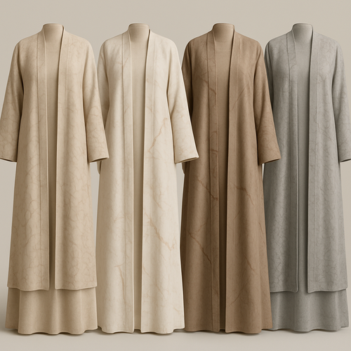 Create a modest two-piece linen abaya, the first of its kind, featuring a unique stone design that exudes a classy and sophisticated vibe. I’d like four designs, each showcasing different styles and fabrics. Incorporate high-end, unique chic stone designs to make them truly special. Add little sophisticated stone designs.