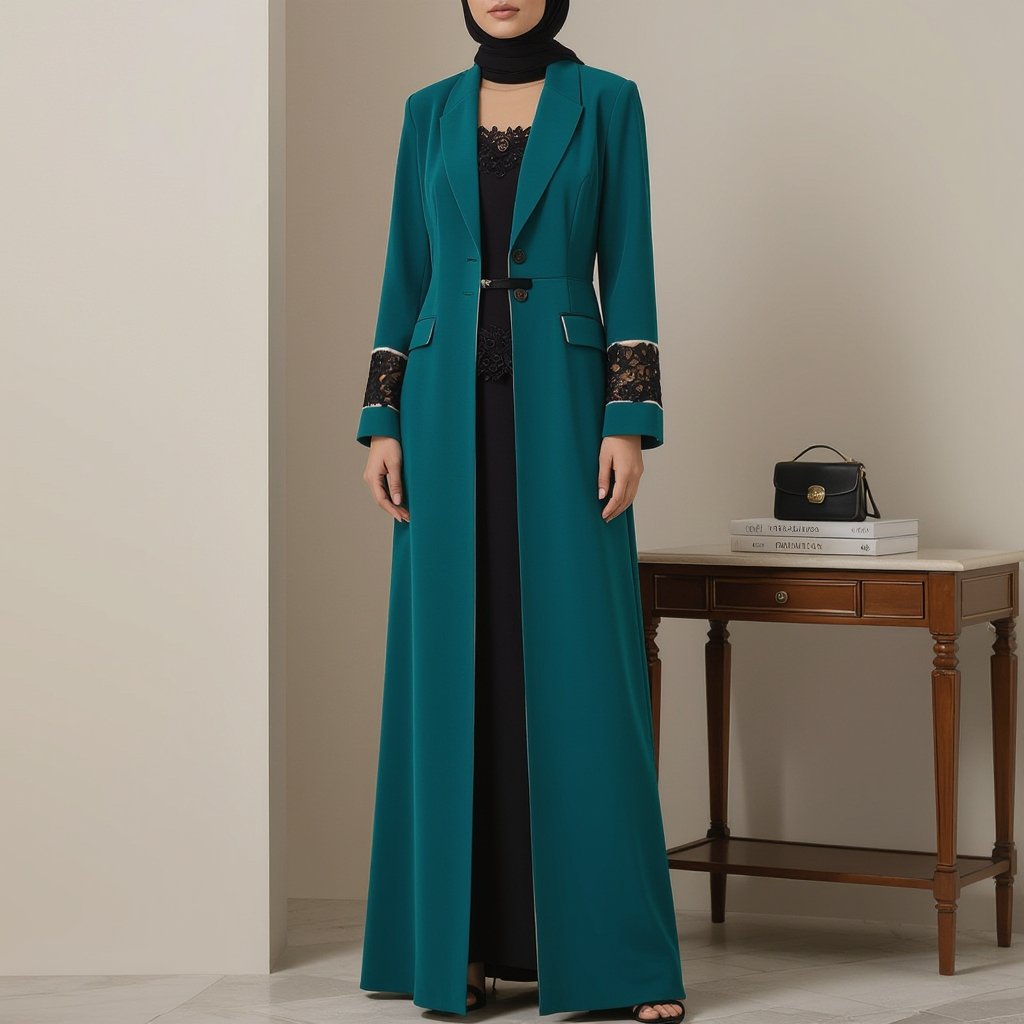 Formal Blazer-Style Abaya Concept (Refined): • Cut: Straight cut with structured shoulders to give a formal and elegant presence. • Main Color: Transformative Teal (a luxurious shade between blue and green) that reflects boldness and modern elegance. • Details: Subtle black accents on the sleeves and edges to highlight the depth of the main color. • French Lace: Integrated directly into the fabric (not as a separate attachment). It appears only at the waistline, starting softly from under the arm down to the waist, creating a delicate, flowing effect that highlights a refined, feminine waistline without overpowering the overall design. • Additional Touches: A thin beige or silver line along the edges to create an elegant contrast. • Fabric: Heavy crepe or matte satin, with lace subtly blended into the fabric at the waist for a seamless and graceful look. • Sleeves: Straight cut with clean finishes, allowing the waist detailing to remain the main focal point of the lace accent.
Business fashion: Formal Blazer-Style Abaya: Straight cut, structured shoulders. Teal crepe. Black accents on sleeves and edges. Lace at waist. Thin beige line along edges. Straight sleeves.