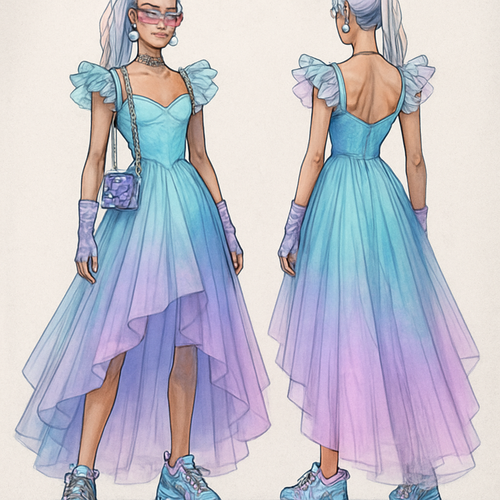 I would like a fairy tale dress with degradation color from turquoise to purple inn pastel colors with model futurist draw with exceptional style new creative add accessories and make it more urban