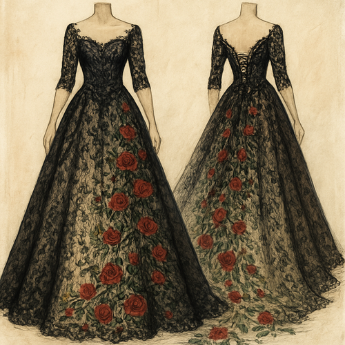 Lace wedding dress,black color, champagne underline, 1/3 sleeves. With red roses and green vines embroidered cascading down the back of the dress and along the regal length train. Corset top and lace up back.