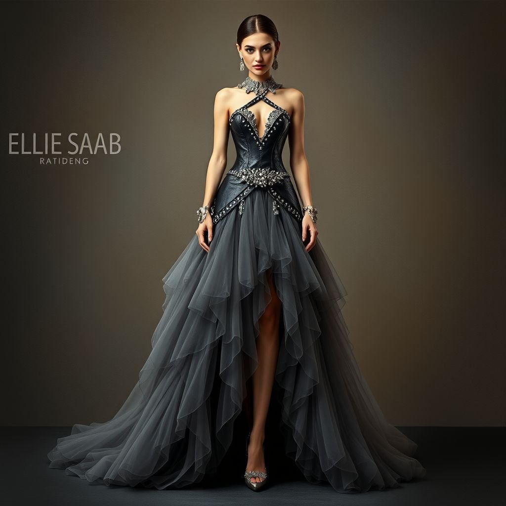 Ellie saab couture
Design a striking rock-inspired couture gown for Ellie Saab, blending elegance with edge. Incorporate distressed leather accents, metallic studs, and a dramatic asymmetrical silhouette. The gown should feature a high-low hem, cascading tulle layers, and bold geometric cutouts, all adorned with shimmering crystal embellishments, exuding fierce confidence and rebellious glamour.