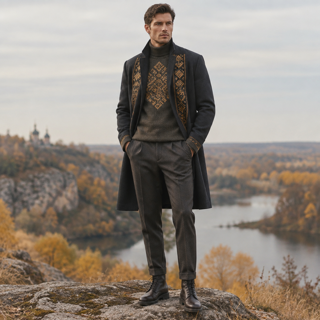 A Male Dress design, suitable for Fall. Ukraine fashion aesthetics. Current season is Autumn in Ukraine. Present it as professional fashion catalogue photography: the garment is the subject, shown full-length with editorial styling, neutral posing and tasteful, non-suggestive framing.
photorealistic fashion design, A Male Dress design, suitable for Fall. Ukraine fashion aesthetics. Current season is Autumn in Ukraine. Present it as professional fashion catalogue photography: the garment is the subject, shown full-length with editorial styling, neutral posing and tasteful, non-suggestive framing., just the design no text